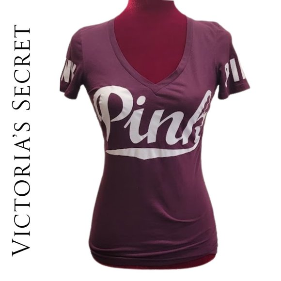 Victoria's Secret PINK - Maroon Logoed Short Sleeve V-Neck Top, SZ: XS - Picture 4 of 13